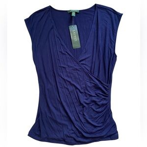 Ralph Lauren NEW Navy Blue V-Neck Faux Wrap Gathered Sleeveless Top Womens Large